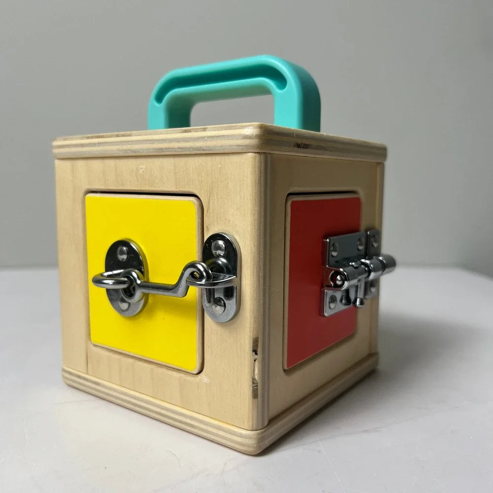 Lovevery Lockbox Toy Toddler OS Tan Montessori Wooden Latches Activity Cube Box